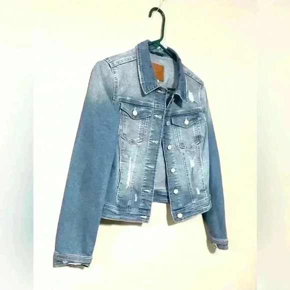BBJ Los Angeles Distressed Cropped Denim Jean Jacket Size M Y2K Streetwear - Picture 3 of 8